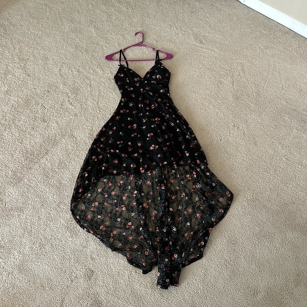 Floral high low black dress
